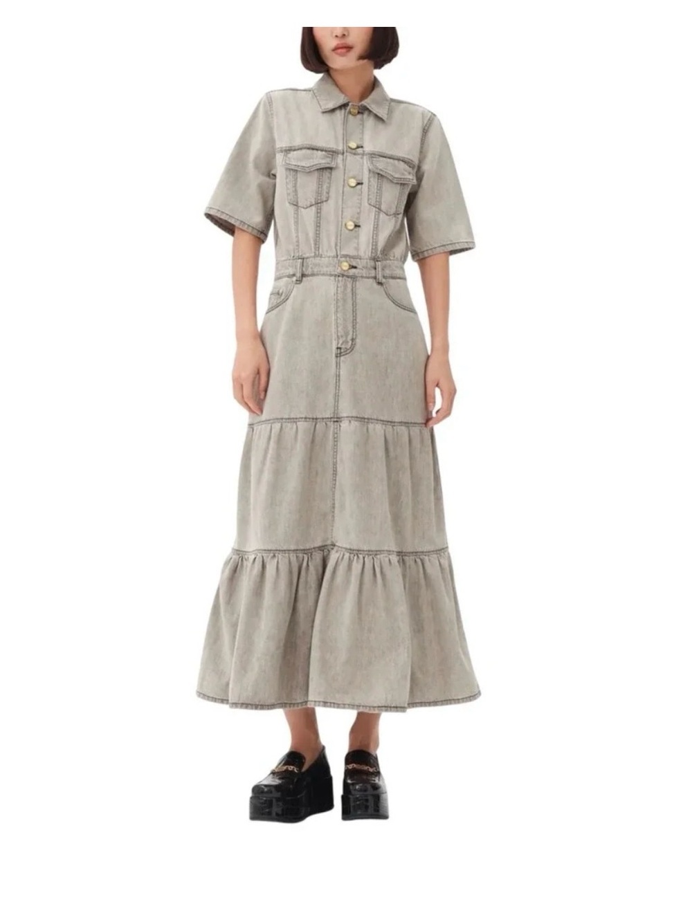 NWT GANNI Washed Gray Denim Tiered Shirt Dress Size EU-34 US-2